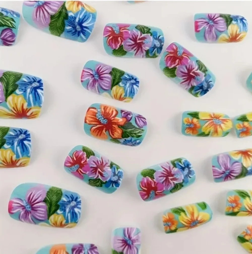 🔥3/$21 Tropical Floral design Medium Square Shaped Press on False nails